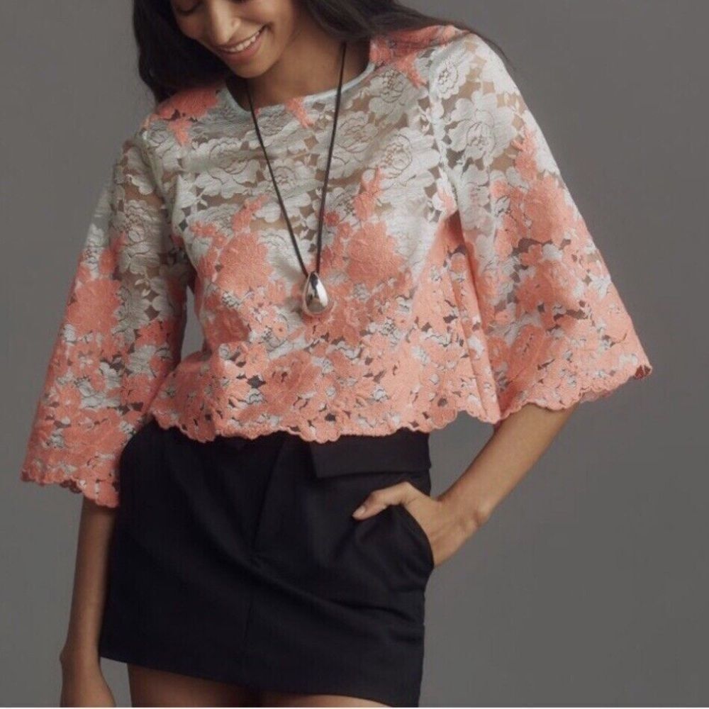 Eva Franco Coral Mint Lacey Lace Bell Sleeve Cropped Scalloped Top Blouse size M